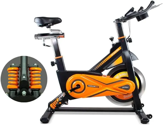 Gridinlux Trainer Alpine 8500 spinning bike with a 25 kg flywheel, shock absorption system, and advanced activity monitor for high-intensity workouts.