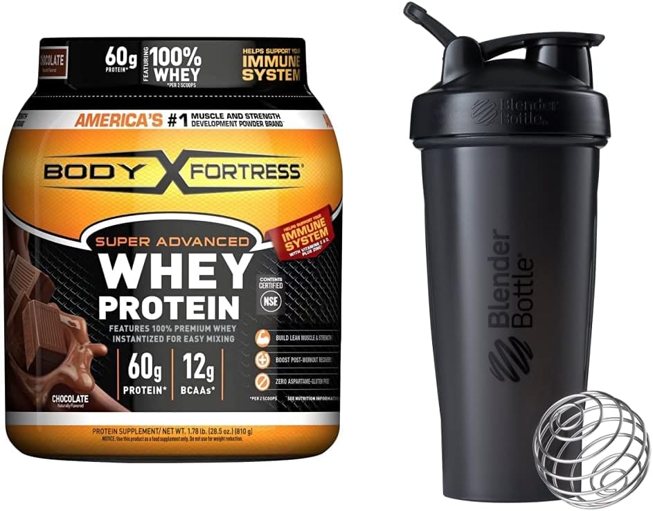 Body Fortress Super Advanced Whey Protein Powder tub with nutritional information and benefits highlighted.