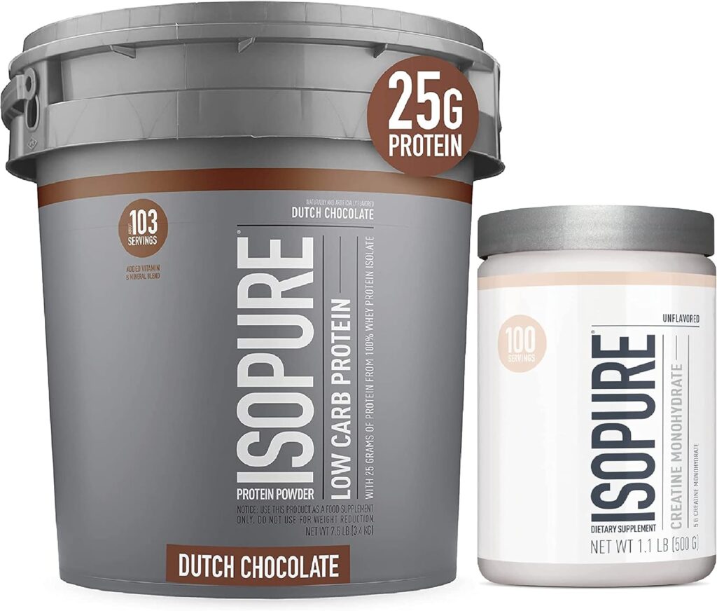 Isopure Zero Carb Protein Powder container showcasing nutritional information and flavors