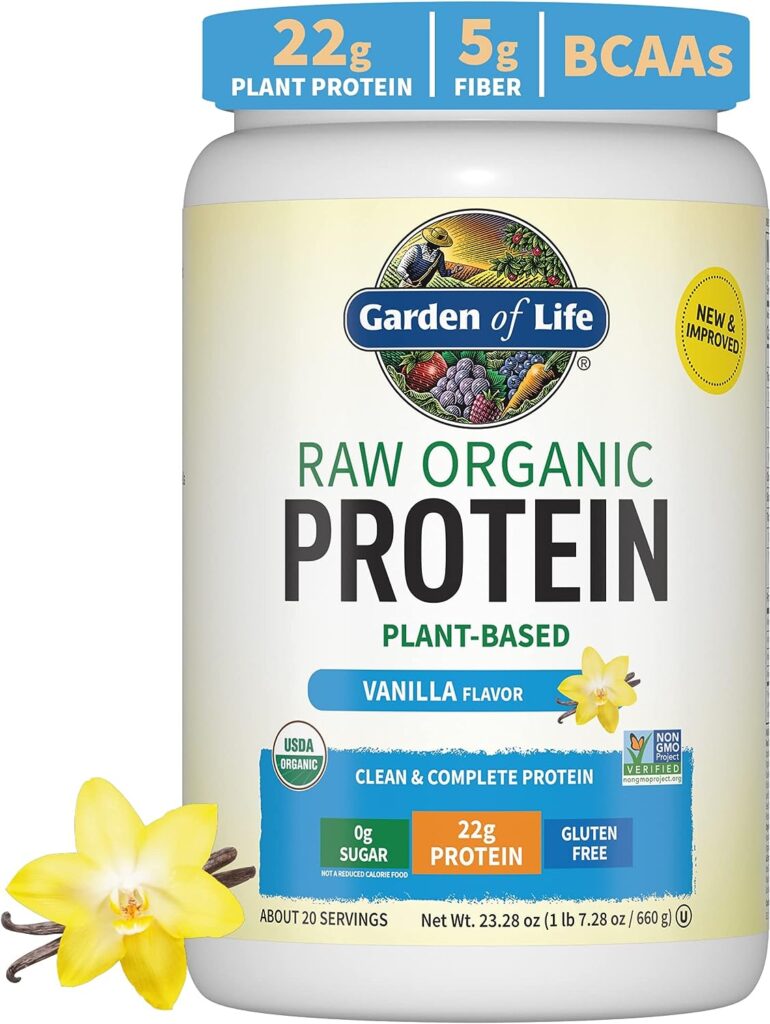 Garden of Life Organic Plant-Based Protein Powder Vanilla container showcasing nutritional information and organic certification