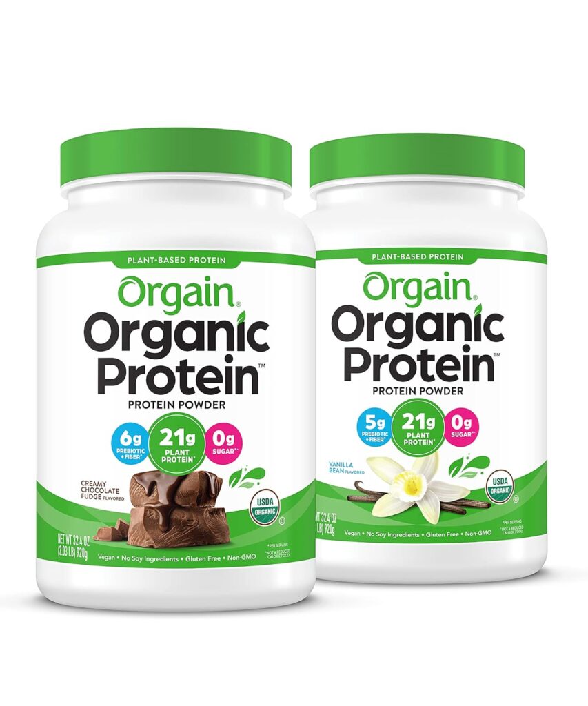 Orgain Organic Protein Plant-Based Powder container showcasing nutritional information and benefits