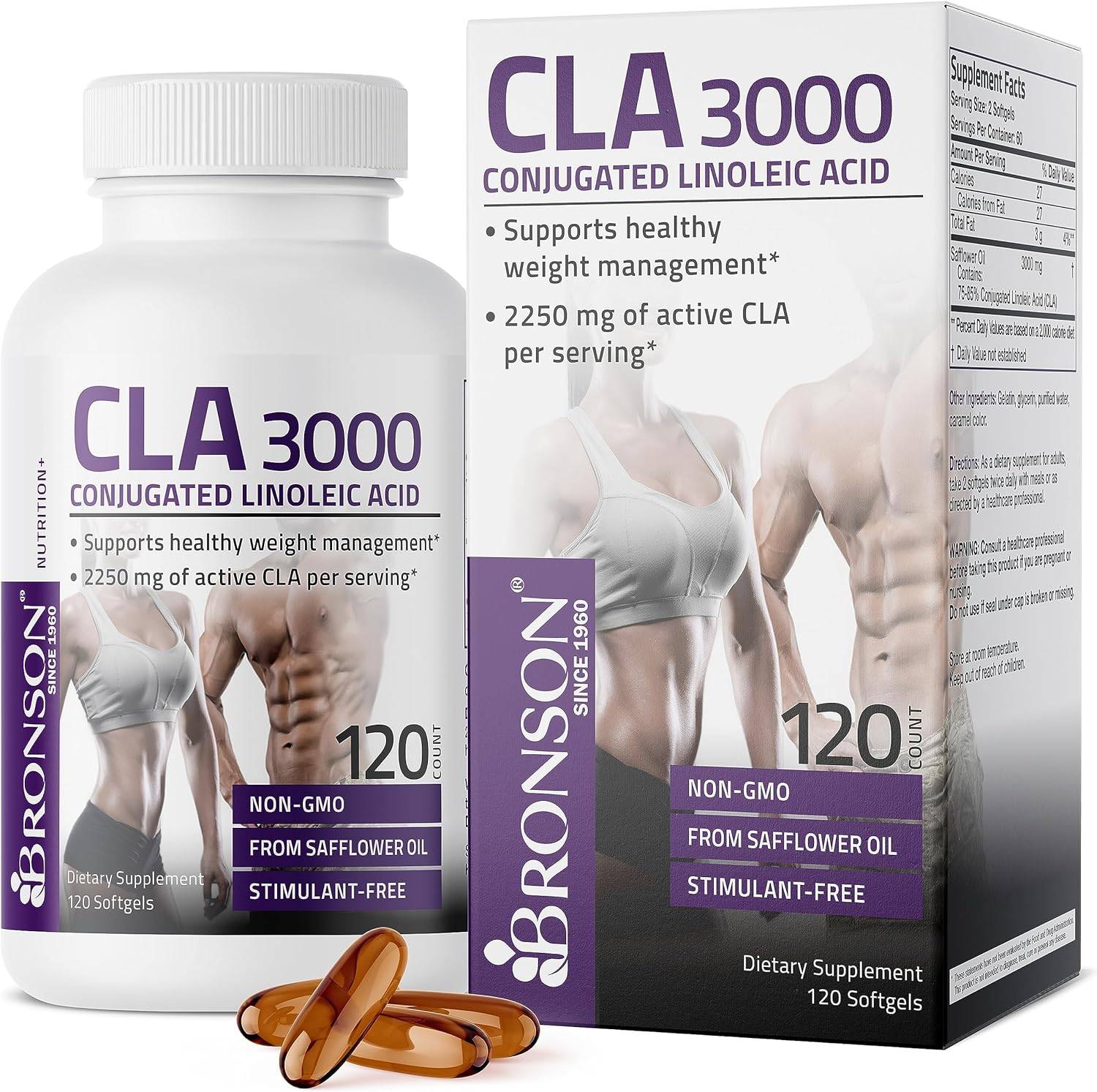 Bronson CLA 3000 supplement bottle featuring sleek design and '3000mg' prominently displayed