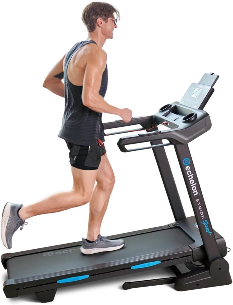 A sleek Echelon Stride treadmill positioned in a modern living room setting.