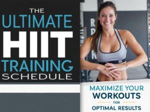 Woman smiling confidently next to a poster of the ultimate HIIT training schedule, promoting effective workout strategies.