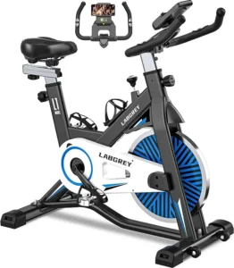 LABGREY Indoor Cycling Exercise Bike with an adjustable seat, digital display, and sturdy frame, ideal for home cardio and HIIT workouts.