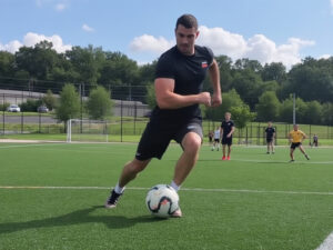 Soccer player performing a high-intensity workout on the field during training.