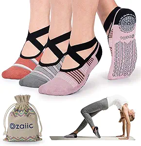 Ozaiic Patented Design Yoga Socks with Anti-Skid Silicone Grips for Stability in Yoga, Pilates, and Barre Workouts