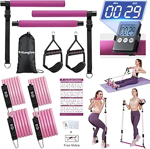 Pilates Bar Kit with Adjustable Resistance Bands and Built-In Timer for Home Workouts